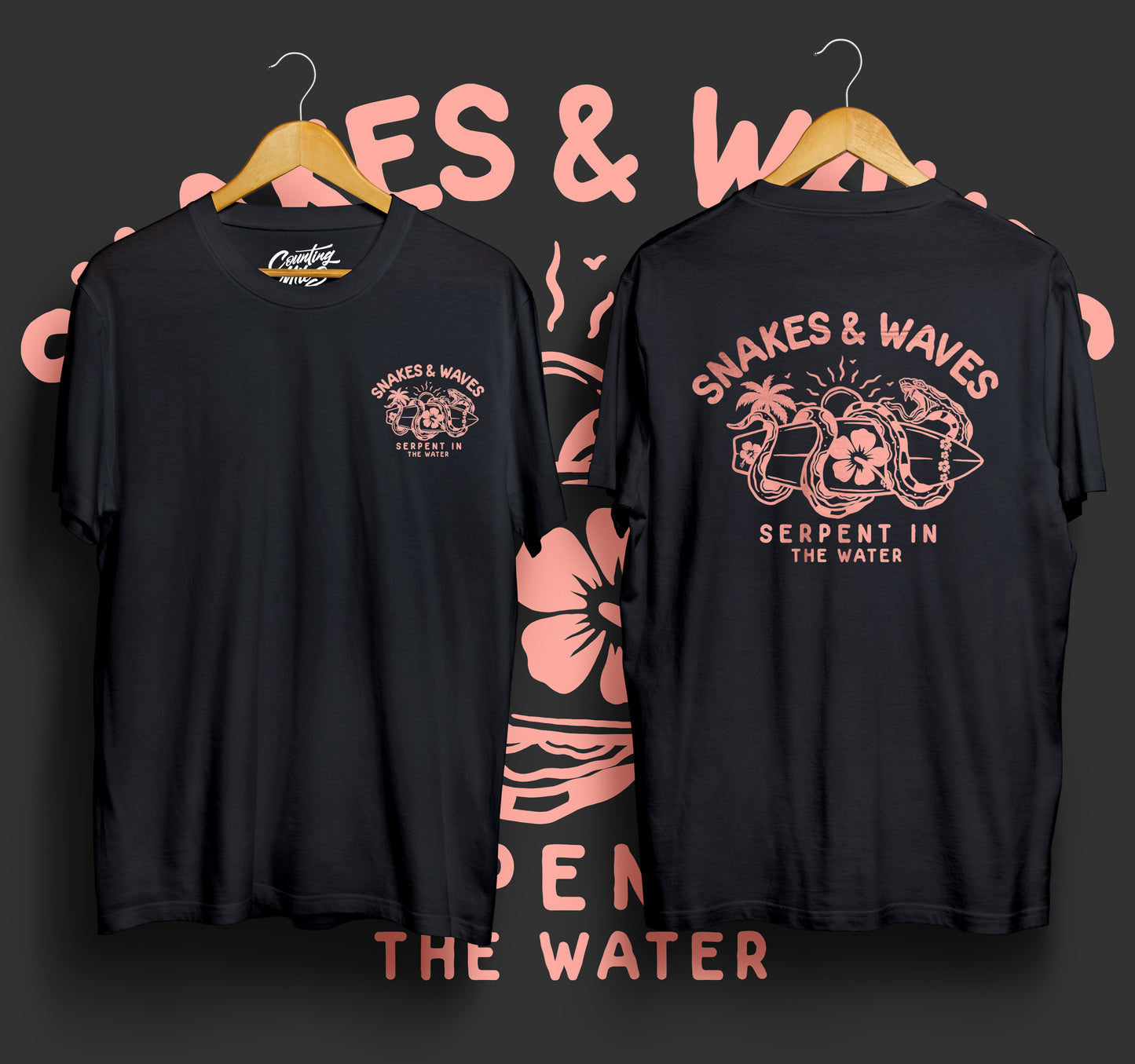 Snake & Waves Tee (Black & Peach)